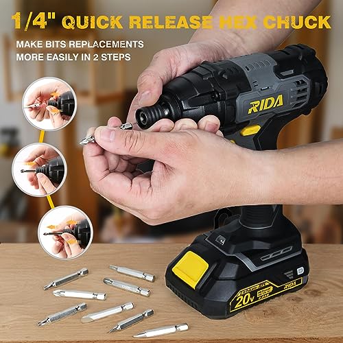 RIDA Cordless Impact Driver Kit,180N.m. 20V Impact Drill Driver Set 1/4" All-Metal Hex Chuck, 0-2800RPM Variable Speed, 2.0Ah Battery & Fast Charger, 25 Pcs S2 Bits &Tool Bag New Year Gift