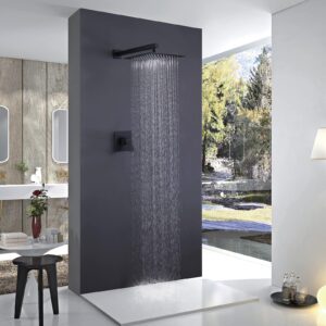 RBROHANT Black Shower Head and Handle Set, Matte Black Rain Shower Head with Valve Set, 10 Inch Overhead Shower Head Sets for Bathroom with Rough-in Valve, Wall Mounted, RB0785