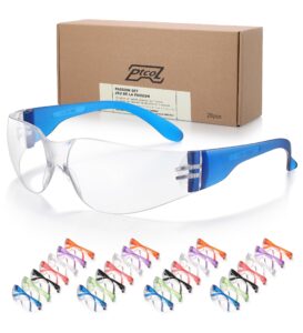 28 pack safety glasses in 7 colors (bulk pack of 24+4) unisex clear anti-scratch protective goggles impact resistant lens eyewear with ansi z87.1 en166 for construction, shooting and laboratory