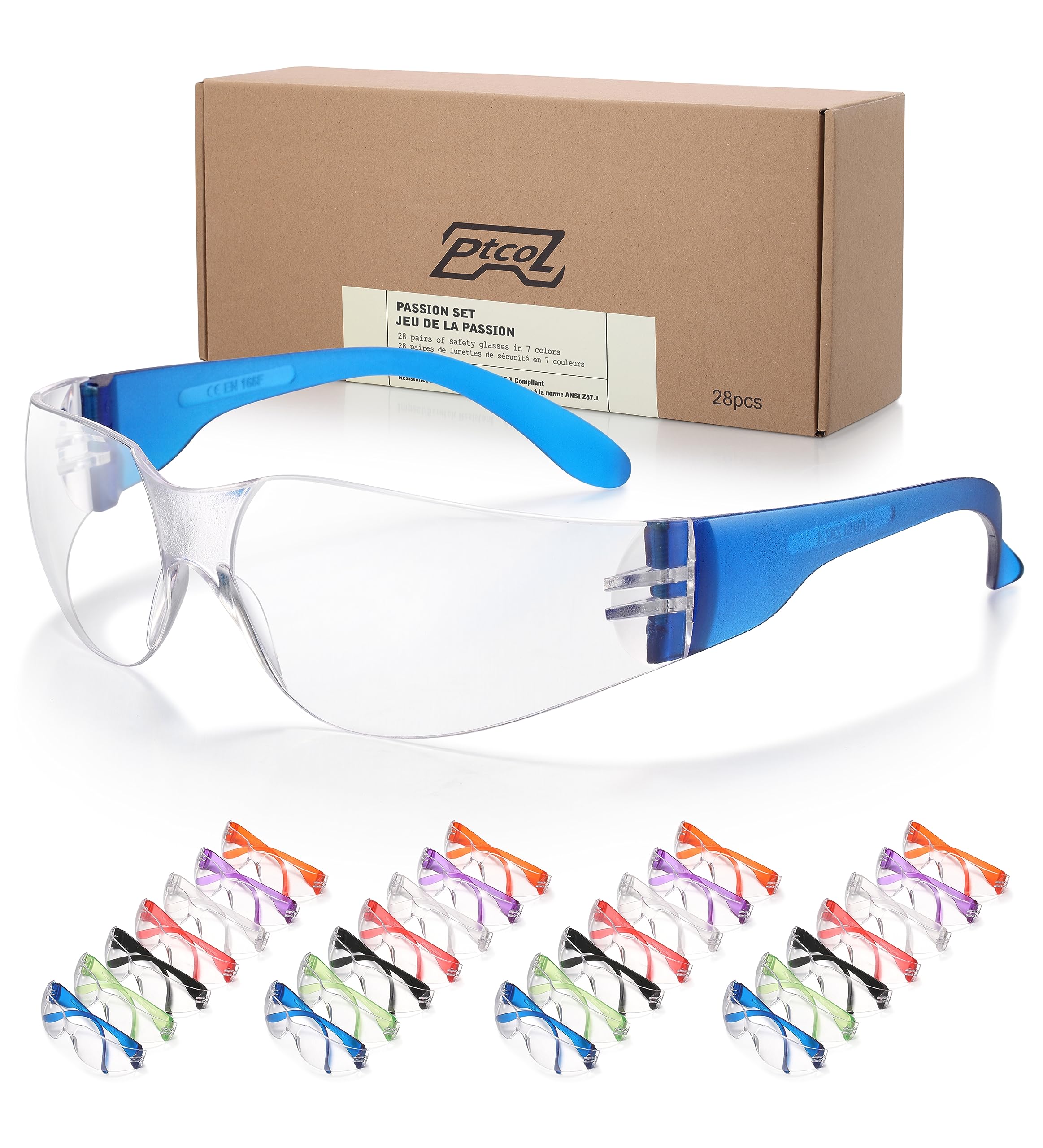 28 Pack Safety Glasses in 7 Colors (Bulk Pack of 24+4) Unisex Clear Anti-Scratch Protective Goggles Impact Resistant Lens Eyewear with ANSI Z87.1 EN166 for Construction, Shooting and Laboratory