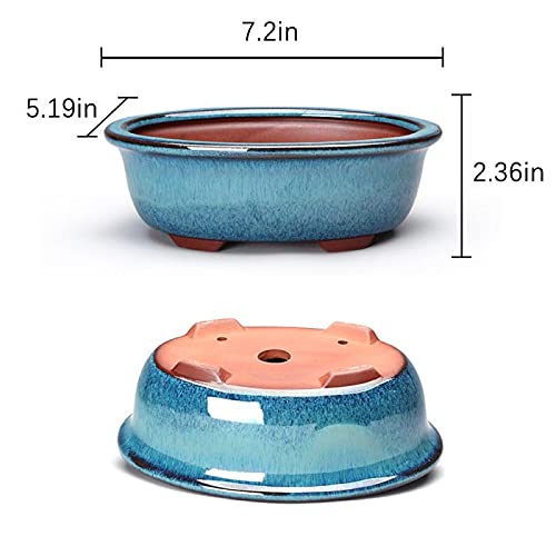 HUOMUSIR (3-Piece 7.2+5.5+4.5 Inch Water-Glazed Blue Bonsai Tree Flower Pots, Succulent Ceramic Flower Pots, Handmade