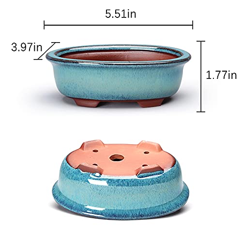 HUOMUSIR (3-Piece 7.2+5.5+4.5 Inch Water-Glazed Blue Bonsai Tree Flower Pots, Succulent Ceramic Flower Pots, Handmade