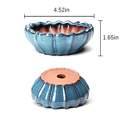 HUOMUSIR (3-Piece 7.2+5.5+4.5 Inch Water-Glazed Blue Bonsai Tree Flower Pots, Succulent Ceramic Flower Pots, Handmade