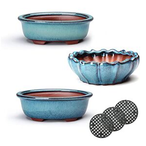 HUOMUSIR (3-Piece 7.2+5.5+4.5 Inch Water-Glazed Blue Bonsai Tree Flower Pots, Succulent Ceramic Flower Pots, Handmade