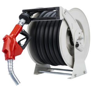 diesel fuel hose reel retractable 1" x 50' spring driven auto swivel rewind industrial heavy duty commercial hose holder reel with fueling nozzle for aircraft ship vehicle tank truck, 300 psi
