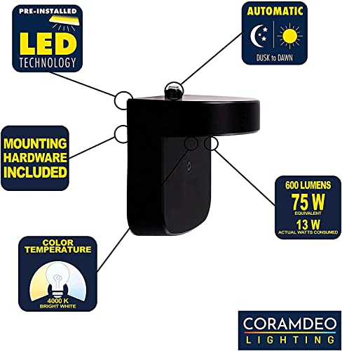 CORAMDEO 2 Pack LED Dusk to Dawn Modern Round Porch Light, Wall Sconce for Porch, Patio and More, Built in LED Gives 75W of Light, 600 LM, 4K Bright White, Wet Location, Black