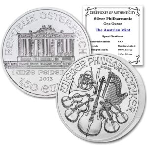 2023 at 1 oz austrian silver philharmonic coin 1.50 euros brilliant uncirculated with a certificate of authenticity €1.50 bu