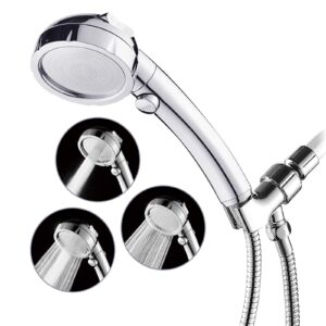 hanlian high pressure shower head with pause function, 3 spray settings handheld shower head with on off switch, watersaving detachable showerhead with 5ft stainsteel hose and abs bracket (chrome)