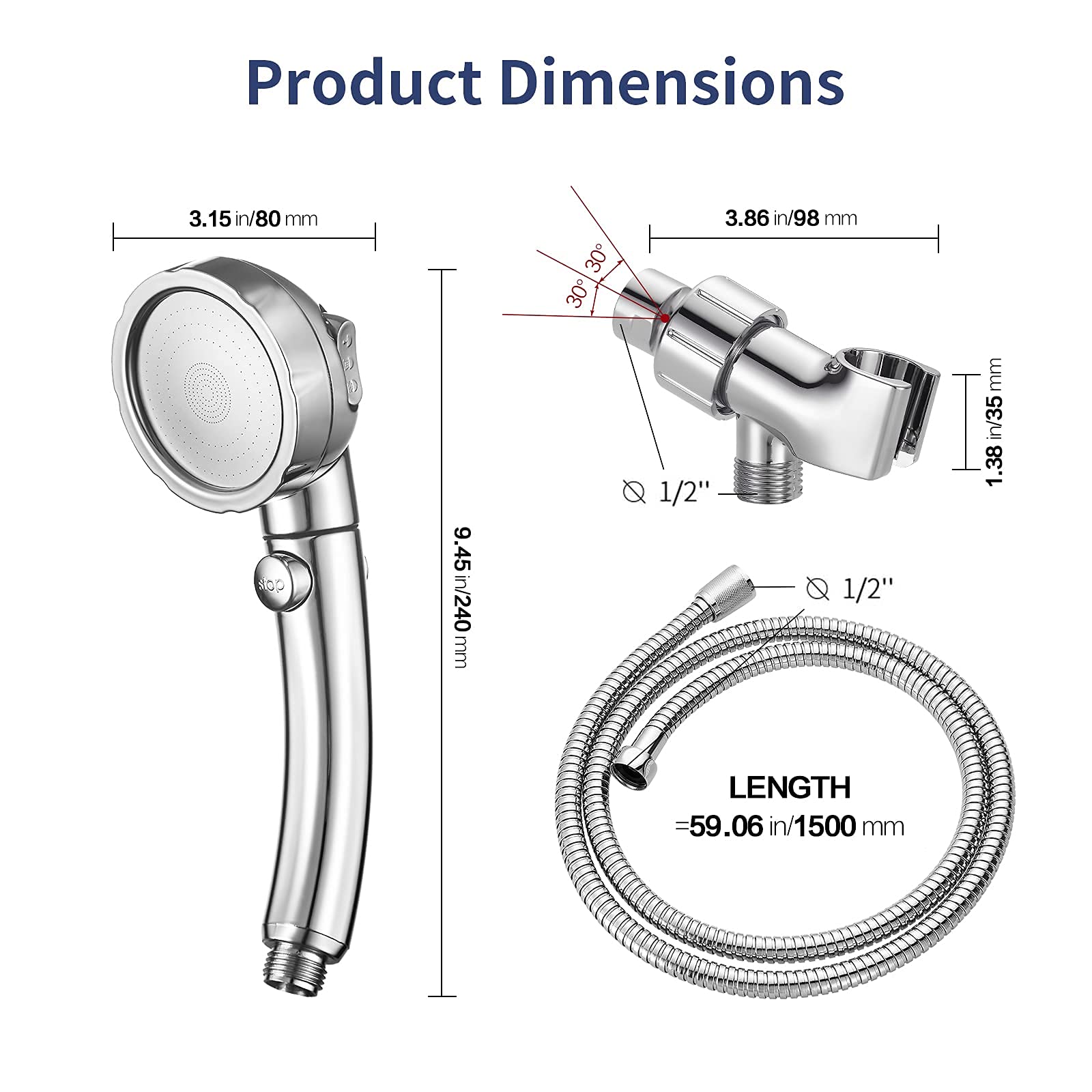 HANLIAN High Pressure Shower Head with Pause Function, 3 Spray Settings Handheld Shower Head with On Off Switch, Watersaving Detachable Showerhead with 5Ft Stainsteel Hose and ABS Bracket (Chrome)