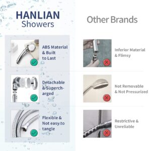 HANLIAN High Pressure Shower Head with Pause Function, 3 Spray Settings Handheld Shower Head with On Off Switch, Watersaving Detachable Showerhead with 5Ft Stainsteel Hose and ABS Bracket (Chrome)