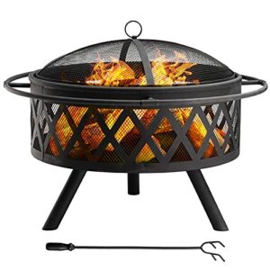 DOEWORKS Outdoor Fire Pit 29Inch Bonfire Wood Burning Backyard Firepit for Outside with Spark Screen, Poker