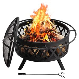 doeworks outdoor fire pit 29inch bonfire wood burning backyard firepit for outside with spark screen, poker