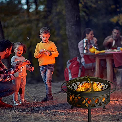 DOEWORKS Outdoor Fire Pit 29Inch Bonfire Wood Burning Backyard Firepit for Outside with Spark Screen, Poker