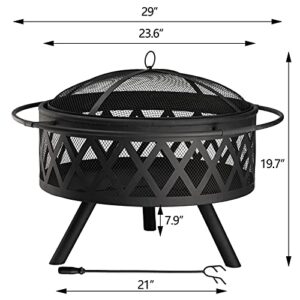 DOEWORKS Outdoor Fire Pit 29Inch Bonfire Wood Burning Backyard Firepit for Outside with Spark Screen, Poker