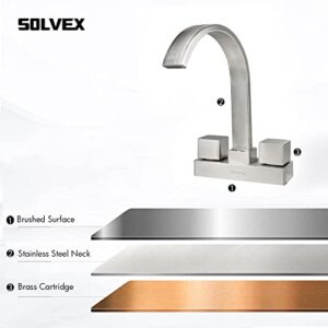 SOLVEX Waterfall Bathroom Faucet 2 Handle,4 Inch Centerset Bathroom Sink Faucet,3 Hole Bathroom Faucet Brushed Nickel,Bathroom Basin Faucet with Deck Mounted Square Handle,SP-40060-2