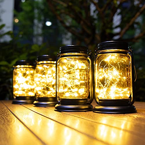 Solar Lanterns Fairy Lights, 4 Pack Solar Mason Jar Lights, Hanging Solar Lanterns Outdoor Waterproof, Glass Jar Starry Light with Stakes Gifts for Garden Patio Party Holiday (Warm White)