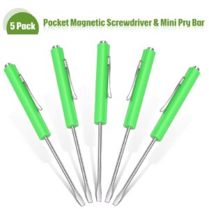 5 Pieces Magnetic Pocket Screwdriver Mini Pocket Screwdriver with Clip Small Slotted Head Screwdriver Tool Set for Home Office Gadgets Repair Tool Mechanics Electricians Technician (Green)