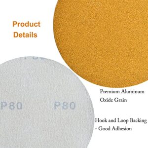 Aiyard 6-Inch No-Hole Hook and Loop Sanding Discs 80-Grit, Random Orbital Sandpaper for Automotive and Woodworking, 100-Pack