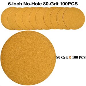 Aiyard 6-Inch No-Hole Hook and Loop Sanding Discs 80-Grit, Random Orbital Sandpaper for Automotive and Woodworking, 100-Pack