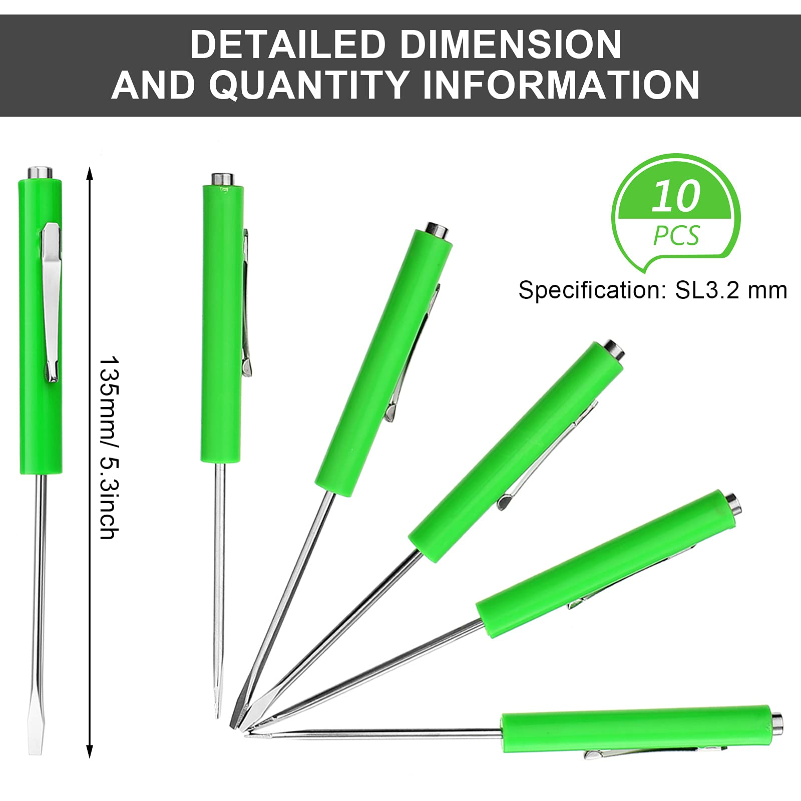 10 Pieces Pocket Screwdriver Mini Tops And Pocket Clips Pocket Screwdriver Magnetic Slotted Pocket Screw Driver with A Single Blade Head for Mechanical, Electrician (Green)