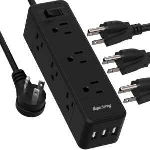 power strip surge protector, 9 widely spaced outlets with 3 usb ports, 3 side outlet extender with 6.5 ft extension cord, 1050 joules, flat plug, wall mount charging station for home office dorm black