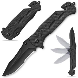 wongsam pocket knife for men, folding knife with glass breaker, seatbelt cutter and belt clip, black survival knife for camping, hiking, fishing, survival, knives for men