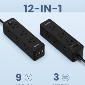 Power Strip Surge Protector, 9 Widely Spaced Outlets with 3 USB Ports, 3 Side Outlet Extender with 6.5 Ft Extension Cord, 1050 Joules, Flat Plug, Wall Mount Charging Station for Home Office Dorm Black