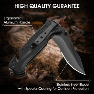 WONGSAM Pocket Knife for Men, Folding Knife with Glass Breaker, Seatbelt Cutter and Belt Clip, Black Survival Knife for Camping, Hiking, Fishing, Survival, Knives for Men