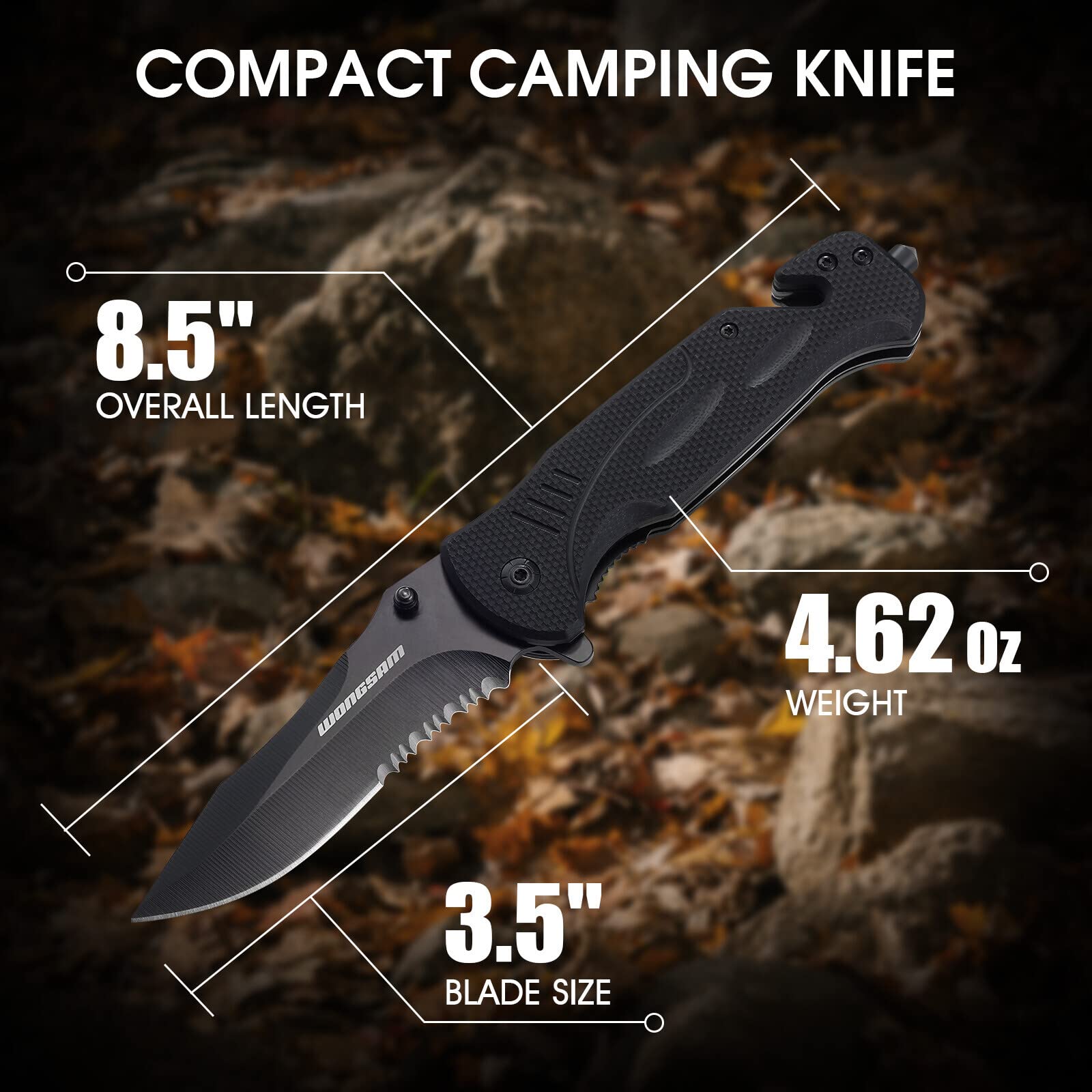 WONGSAM Pocket Knife for Men, Folding Knife with Glass Breaker, Seatbelt Cutter and Belt Clip, Black Survival Knife for Camping, Hiking, Fishing, Survival, Knives for Men