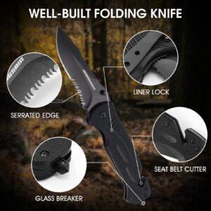 WONGSAM Pocket Knife for Men, Folding Knife with Glass Breaker, Seatbelt Cutter and Belt Clip, Black Survival Knife for Camping, Hiking, Fishing, Survival, Knives for Men