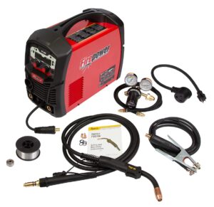 firepower 1444-1200 fp-200 2-in1 mig, flux cored welding system, 200a output, 120-230v, 3/8" max thickness, includes tweco fusion 180 mig gun, victor gf250 regulator, clamp, power adapter, wire spool