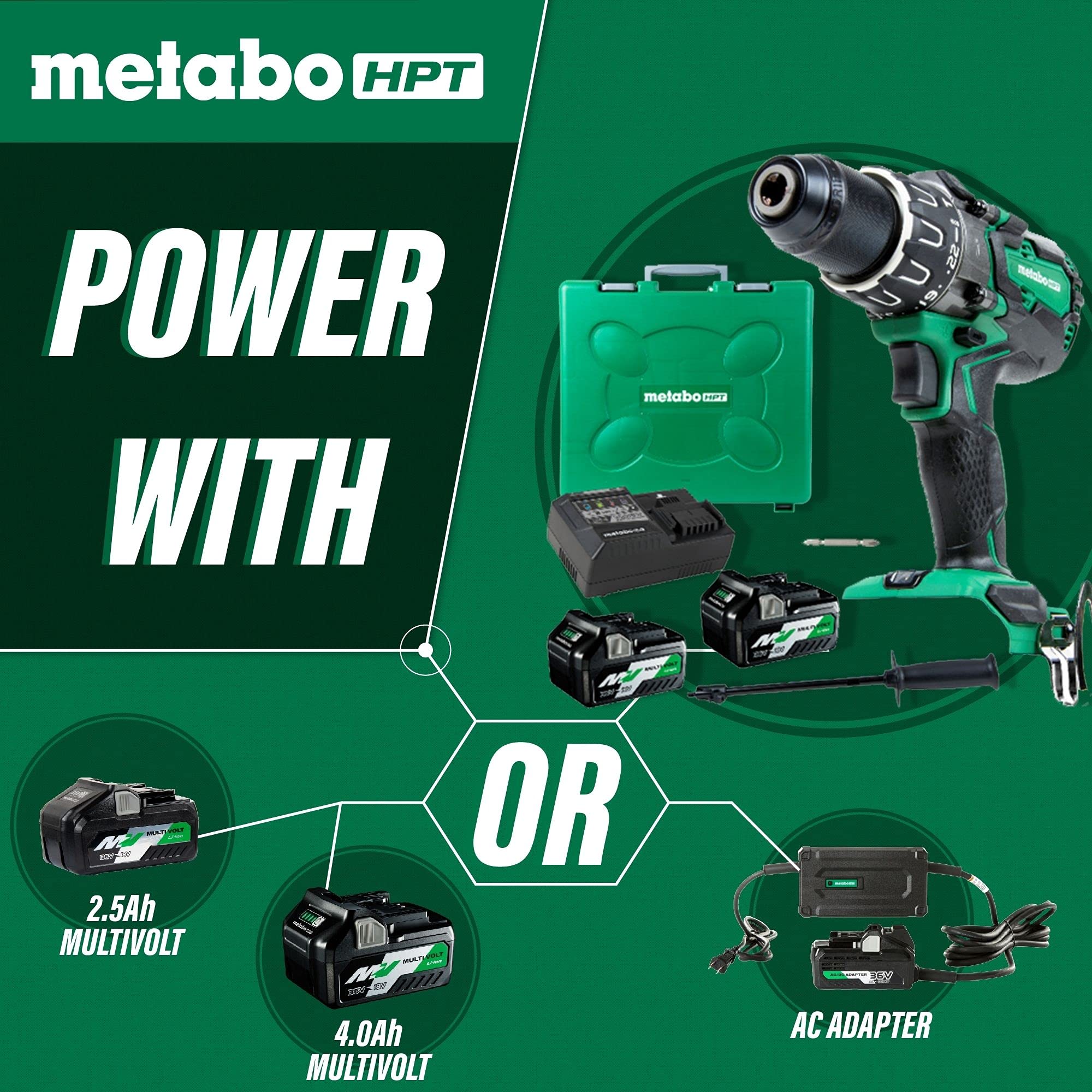 Metabo HPT 36V MultiVolt Cordless Hammer Drill Kit with Batteries and Charger | 1/2-inch Keyless | DV36DAG