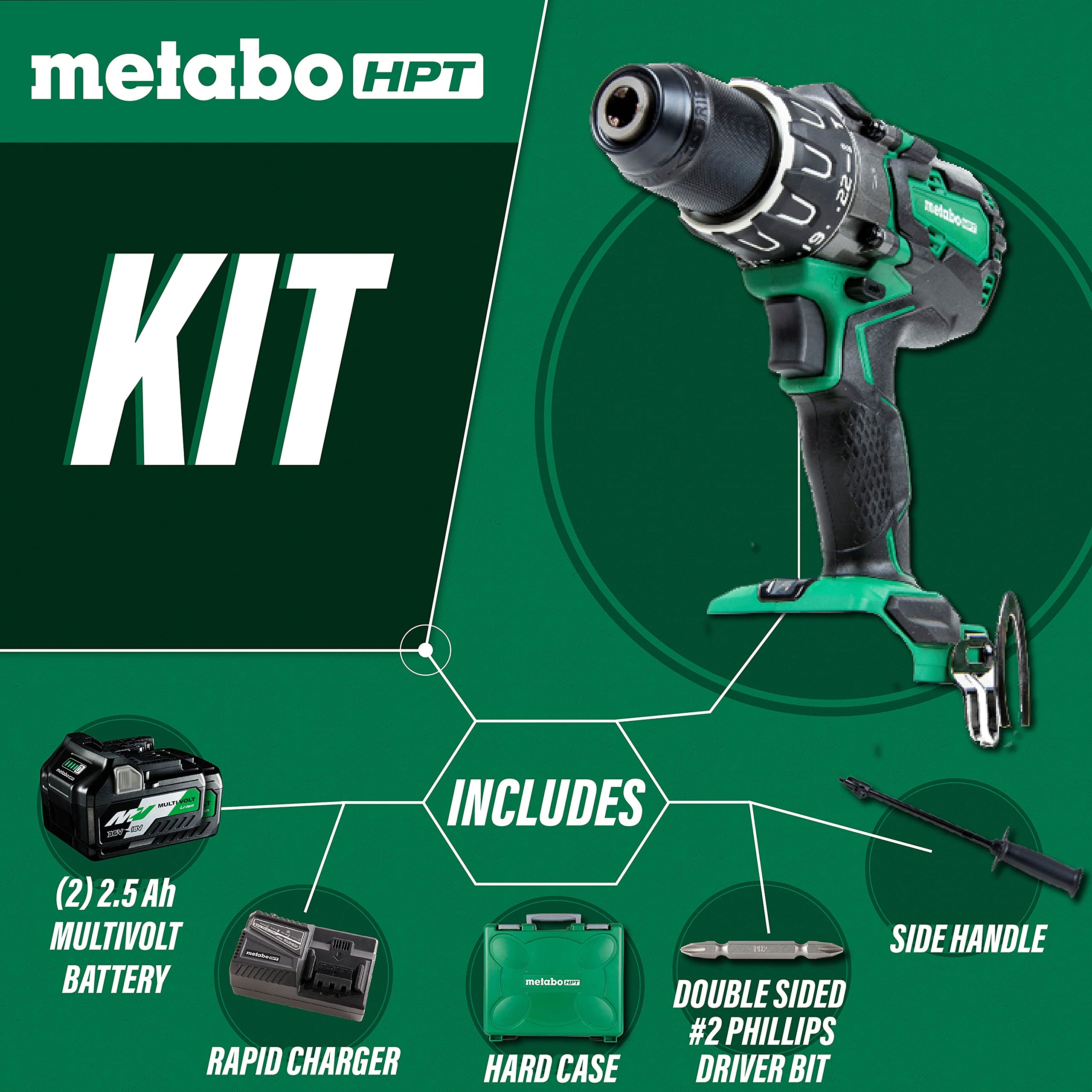 Metabo HPT 36V MultiVolt Cordless Hammer Drill Kit with Batteries and Charger | 1/2-inch Keyless | DV36DAG