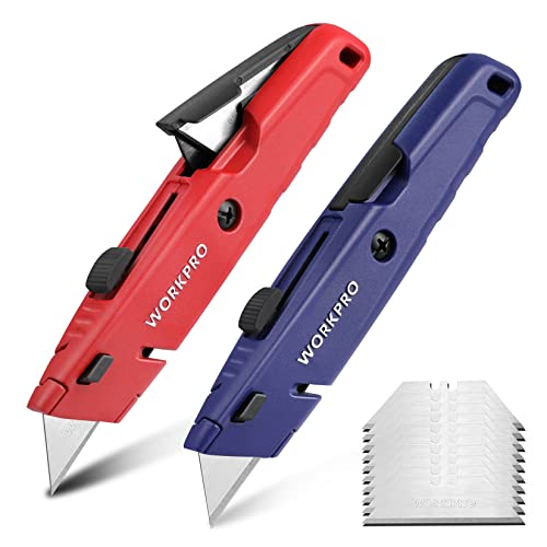 WORKPRO Retractable Box Cutters, Premium Utility Knives with Blade Storage Design, Quick Change Blade Razor Knife with Twine Cutter, Heavy Duty All Metal Body, 16 Extra SK5 Blades, 2 Pack, (Red, Blue)