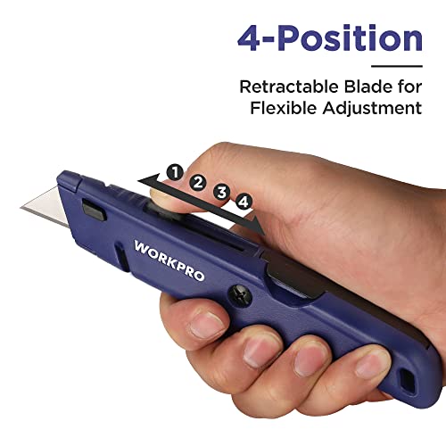 WORKPRO Retractable Box Cutters, Premium Utility Knives with Blade Storage Design, Quick Change Blade Razor Knife with Twine Cutter, Heavy Duty All Metal Body, 16 Extra SK5 Blades, 2 Pack, (Red, Blue)