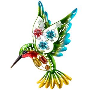 fawgold metal hummingbird wall art decor, 3d design with glass bead accessories, 16 inch fence decorations outdoor hanging decor for patio bedroom living room garden yard