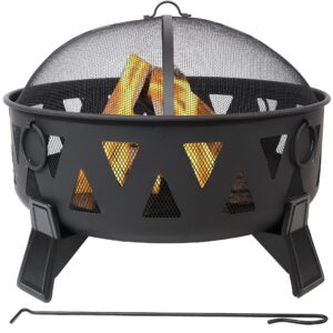sunnydaze 25-inch steel wood-burning fire pit with mesh stripe cutouts - includes poker and spark screen
