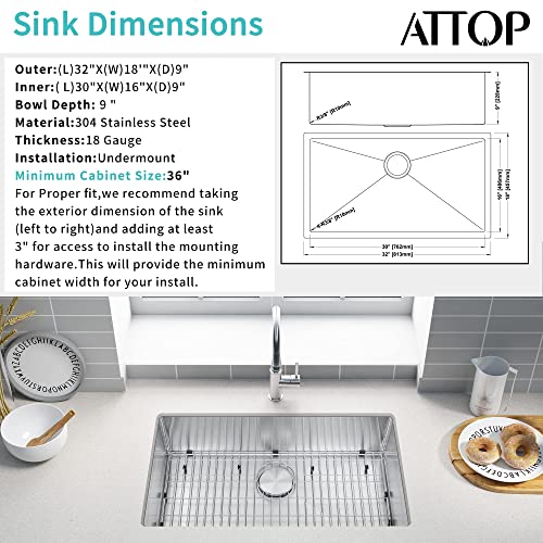 ATTOP 32 Inch Undermount Kitchen Sink With Faucet,Stainless Steel Kitchen Sink Undermount Single Bowl Sink