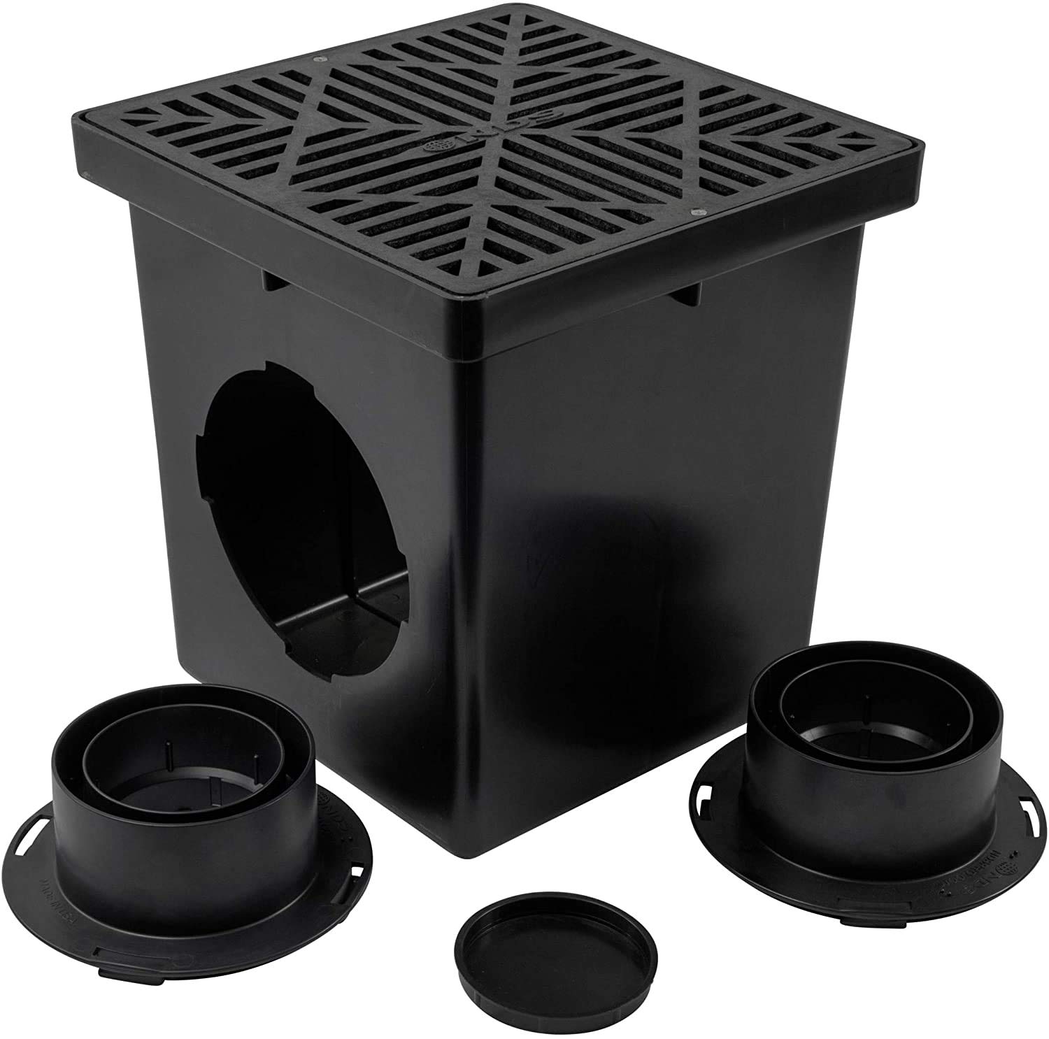 NDS 1200BKITRTL1PK Square Kit with 2-Opening Catch Basin, 2 Adapters, 1 Outlet Plug, and 1 Plastic Drain Grate, 12-Inch, for Lawns, Landscaped Areas, Black