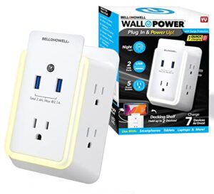 bell+howell wall power 7908 surge protector with night light (automatic) and device holder, 5 outlets 2 usb ports electrical extender, white, 5.5" as seen on tv