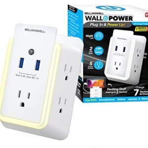 Bell+Howell Wall Power 7908 Surge Protector with Night Light (Automatic) and Device Holder, 5 Outlets 2 USB Ports Electrical Extender, White, 5.5" As Seen On TV