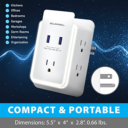 Bell+Howell Wall Power 7908 Surge Protector with Night Light (Automatic) and Device Holder, 5 Outlets 2 USB Ports Electrical Extender, White, 5.5" As Seen On TV