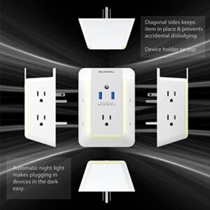 Bell+Howell Wall Power 7908 Surge Protector with Night Light (Automatic) and Device Holder, 5 Outlets 2 USB Ports Electrical Extender, White, 5.5" As Seen On TV