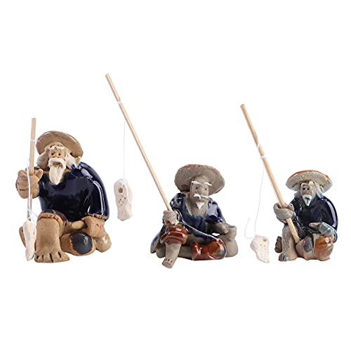 Cabilock 3pcs Miniature Fisherman Figurines Statue Ceramic Chinese Mudman Fishing Garden Ornament for Fish Tank Bonsai Landscape Fairy Garden Decoration