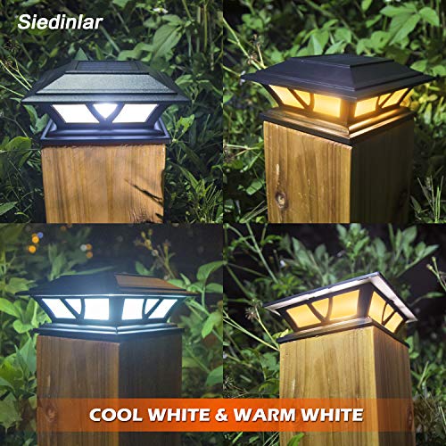 SIEDiNLAR Solar Post Lights Outdoor 2 Modes LED Deck Fence Cap Light for 4x4 5x5 6x6 Posts Patio Garden Decoration Warm White/Cool White Lighting Black (4 Pack)