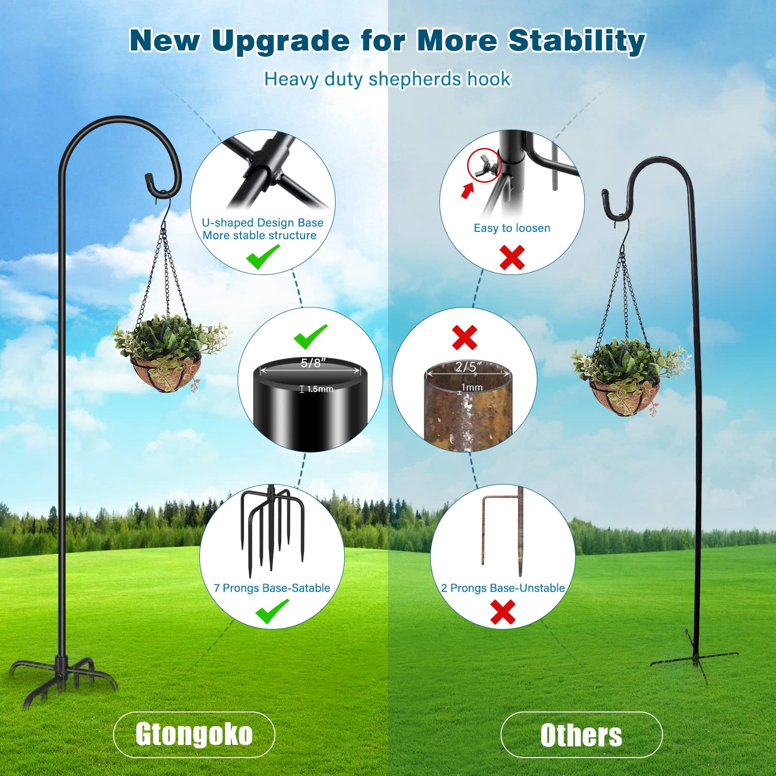 Gtongoko Adjustable Shepherds Hooks for Outdoor 92 Inch Bird Feeder Pole with 7 Prongs Base, 5/8 Inch Thick Heavy Duty for Hanging Bird Feeder, Plant Baskets,1 Pack