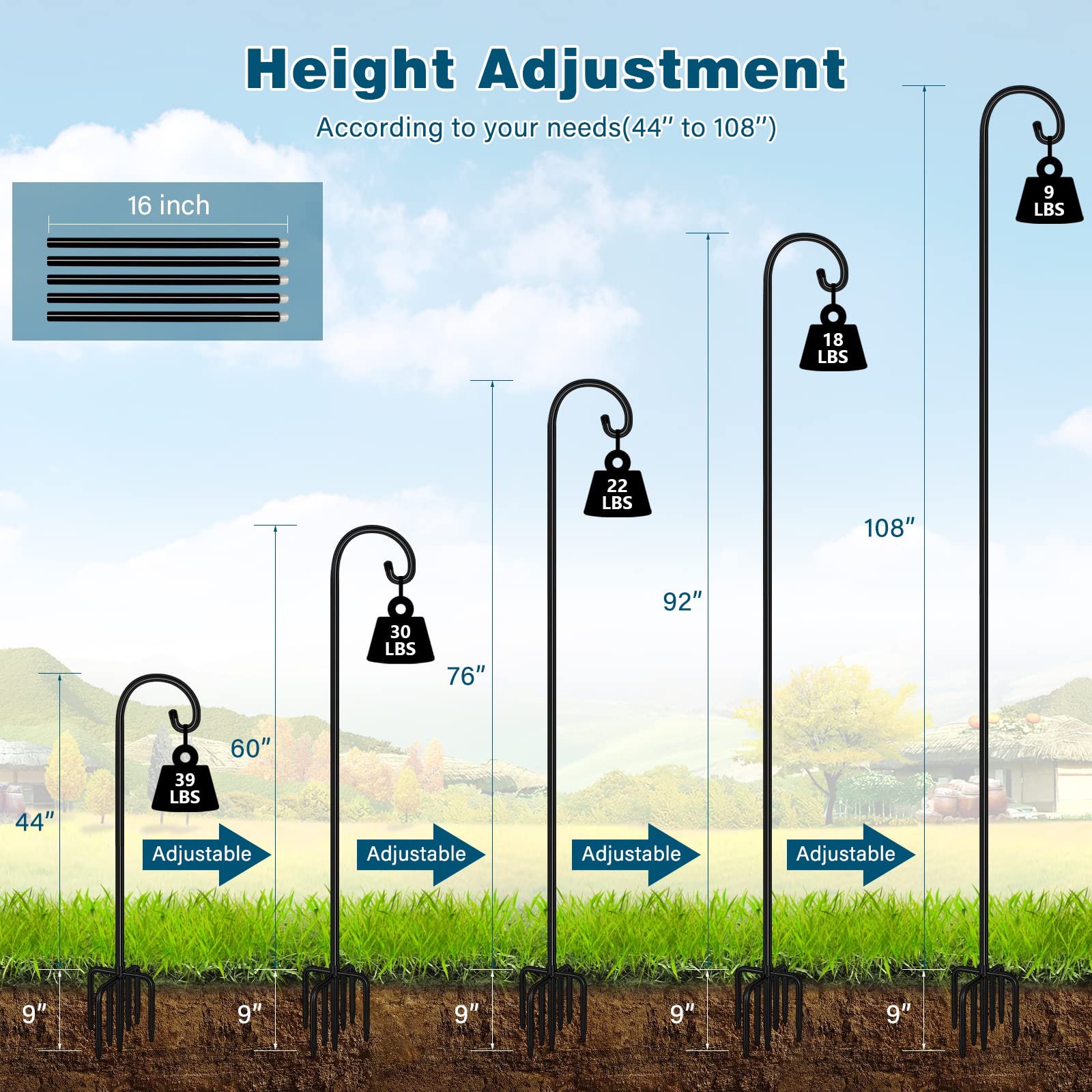 Gtongoko Adjustable Shepherds Hooks for Outdoor 92 Inch Bird Feeder Pole with 7 Prongs Base, 5/8 Inch Thick Heavy Duty for Hanging Bird Feeder, Plant Baskets,1 Pack