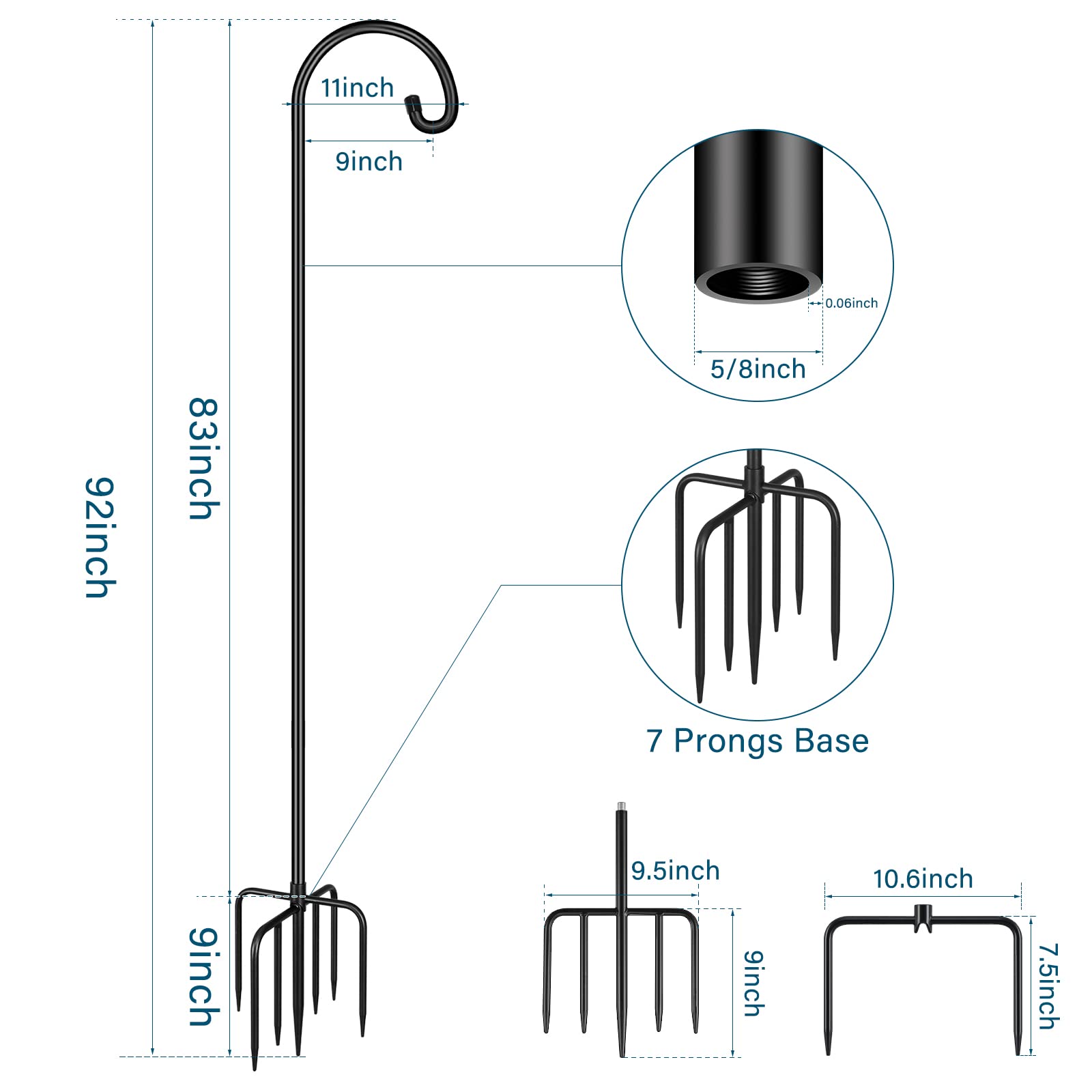 Gtongoko Adjustable Shepherds Hooks for Outdoor 92 Inch Bird Feeder Pole with 7 Prongs Base, 5/8 Inch Thick Heavy Duty for Hanging Bird Feeder, Plant Baskets,1 Pack