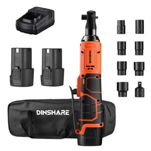 dinshare 3/8 orange metal electric ratchet wrench set, 16.8v, 45ft-lbs, 400 rpm, 2 batteries, 1 charger, 1 nylon storage bag, 8 removable sockets