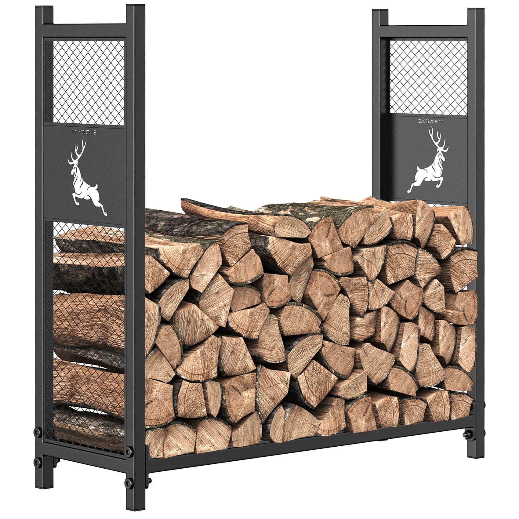 Mr IRONSTONE 4ft Firewood Rack, Outdoor Wood Rack for Firewood Storage Racks, with Hollow Craft Deer Pattern & Iron Grid for Hold Logs of Various Sizes, Heavy Duty Log Storage Bin Indoor for Fireplace